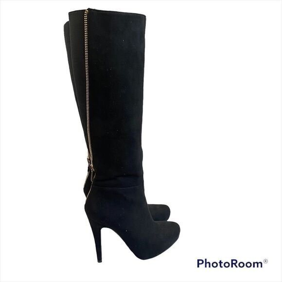 Aldo Black High Heels Velvety Boots Back Zipper - Picture 1 of 12